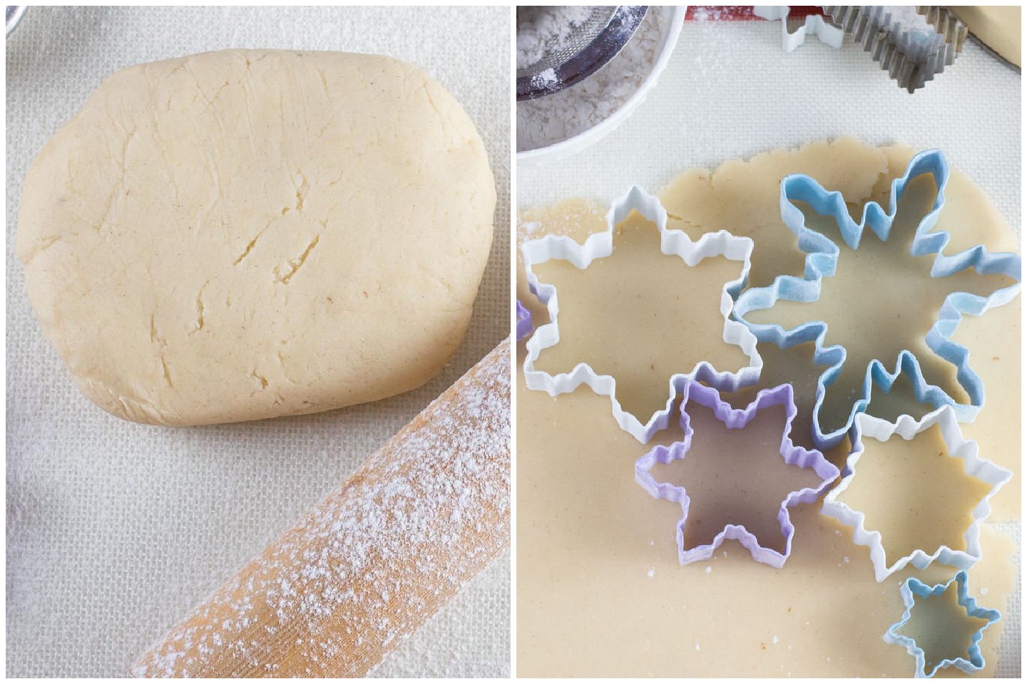 Disk of sugar cookie dough and rolled out cookie dough with cookie cutters.