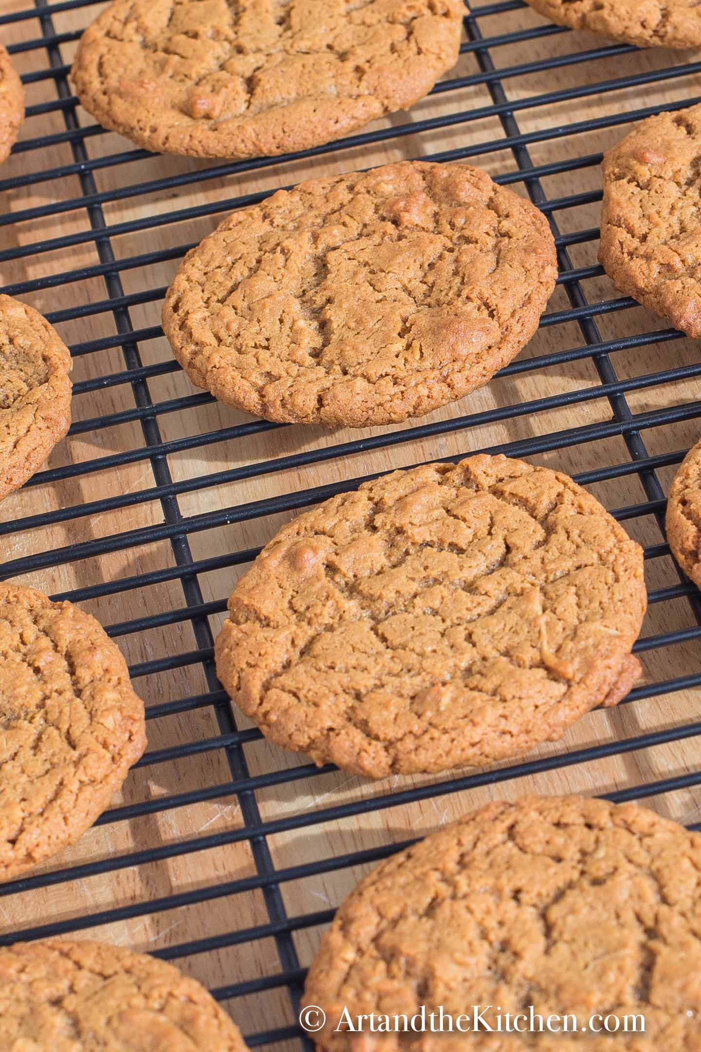 Baking rack filled with molasses cookies.