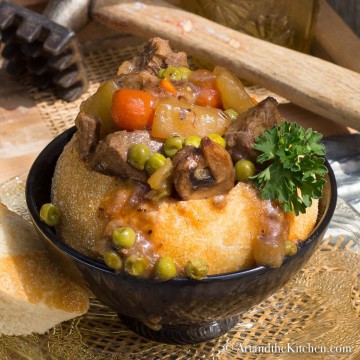 Beef stew in a bread bowl.