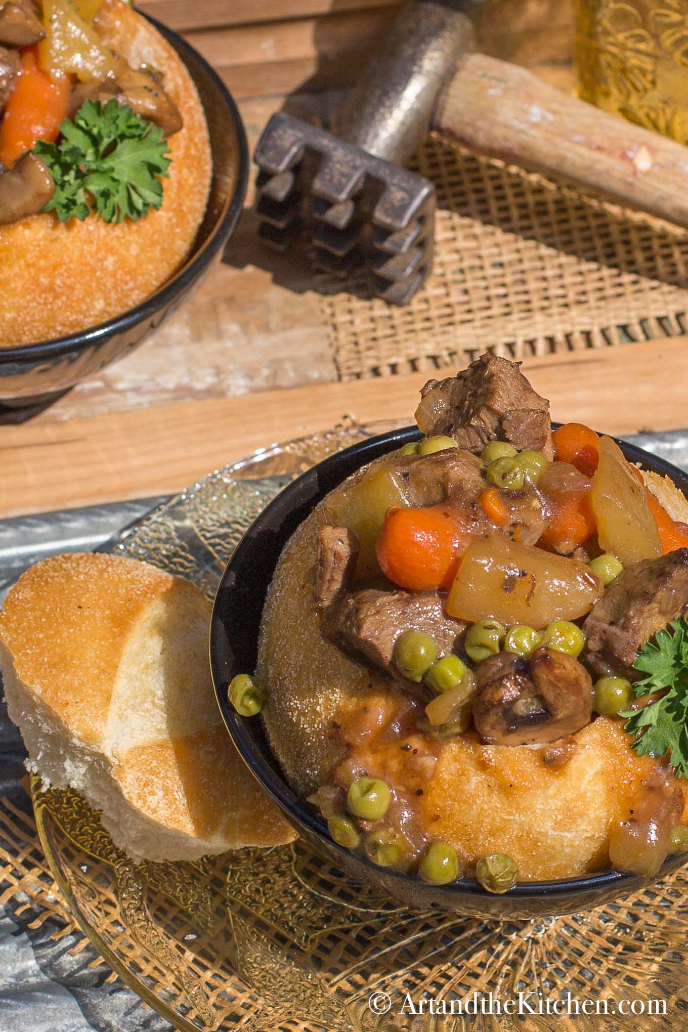 Beef stew in a bread bowl.