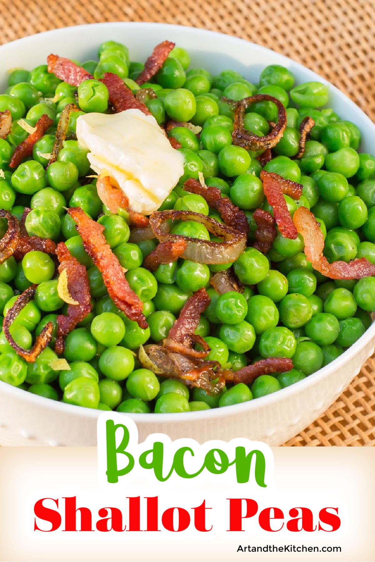 Green Peas combined with crisp bacon and shallots make a delightful side dish. No more plain boring peas with this quick and easy recipe. via @artandthekitch