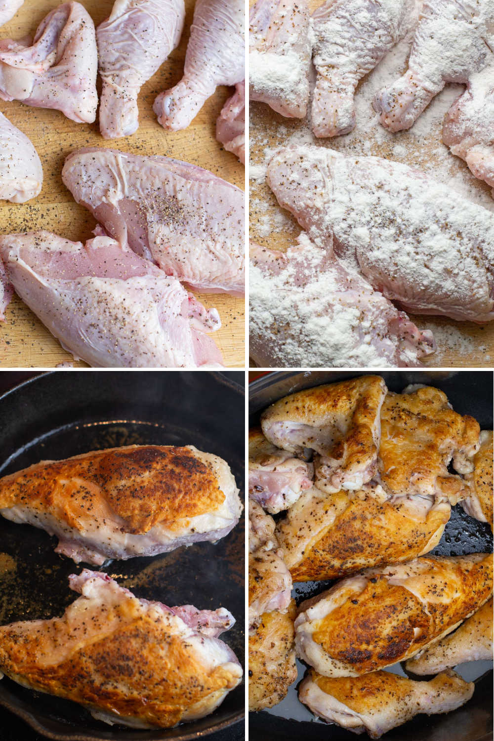 Collage photo of preparing cut up chicken pieces seasoned and pan seared.