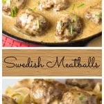 Meatballs simmering in a creamy sauce in a cast iron skillet and photo of meatballs in creamy sauce over broad noodles.