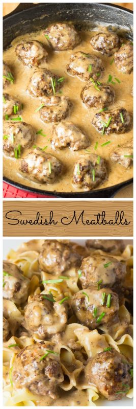Meatballs simmering in a creamy sauce in a cast iron skillet and photo of meatballs in creamy sauce over broad noodles.