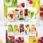 Tall glasses of water with fresh fruit, vegetables and herbs.