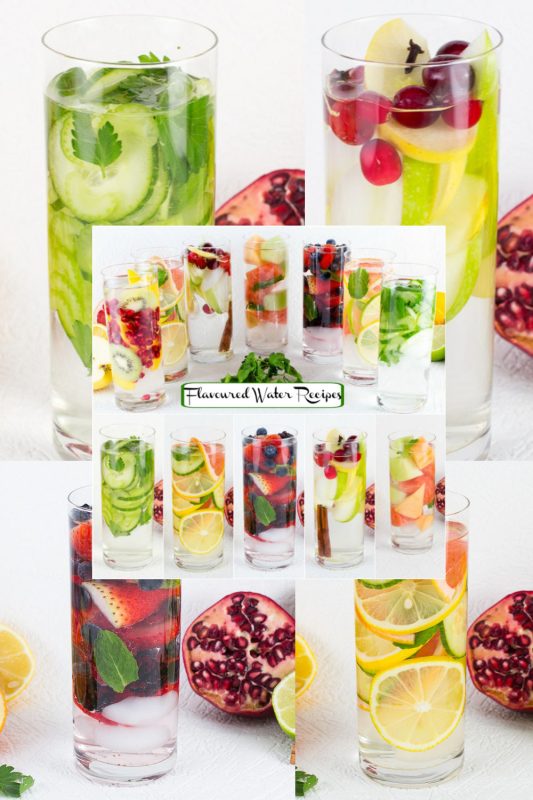 Tall glasses of water with fresh fruit, vegetables and herbs.