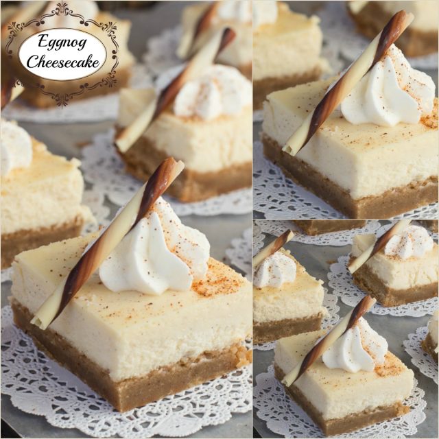 Serving tray filled with cheesecake squares on paper dollies. Garnished with a dollop of whipped cream and chocolate stick.