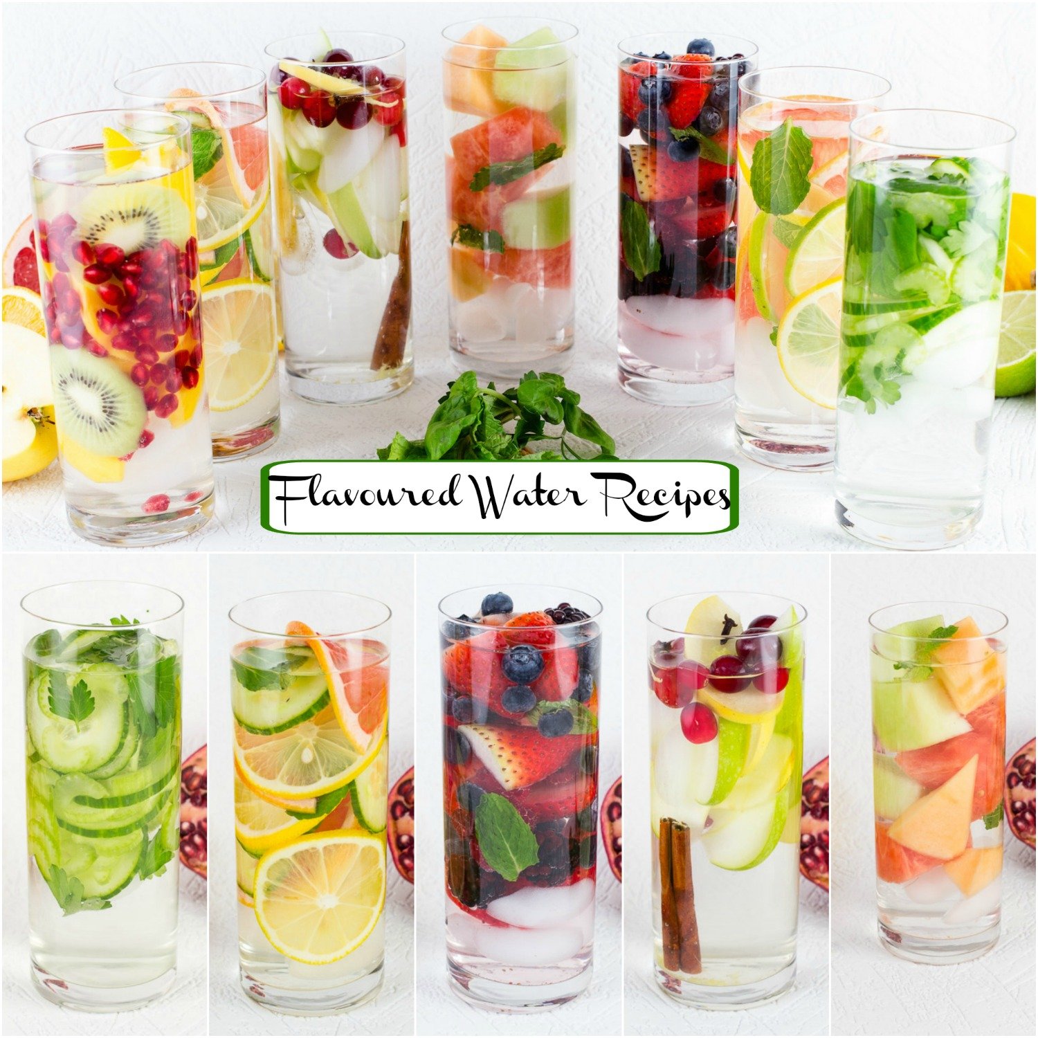 Seven glasses of a variety of flavored water.