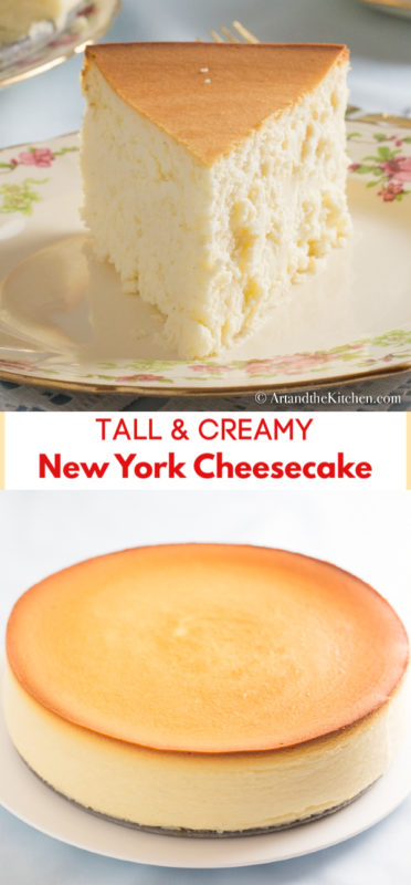 collage photo, one photo of whole crustless cheesecake and top photo of slice of cheesecake.