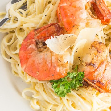 fettuccine alfredo pan seared shrimp