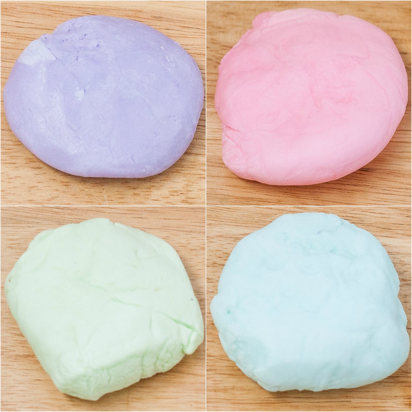 Disks of purple, pink, green and blue fondant dough.