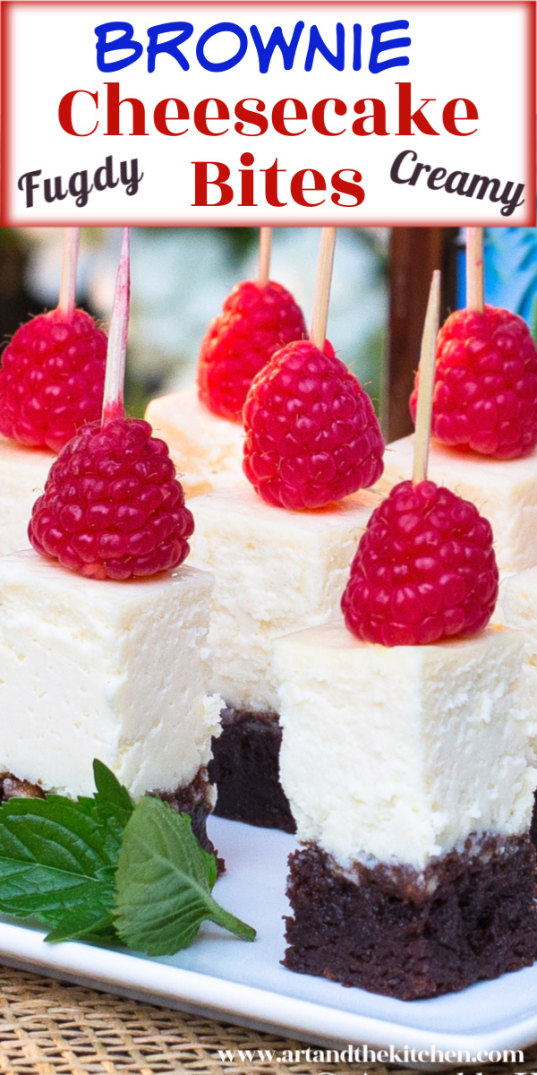 Brownie Cheesecake Bites are made with a chewy fudge brownie crust, topped with a creamy cheese cake layer. Two wonderful desserts in one delicious bite! via @artandthekitch