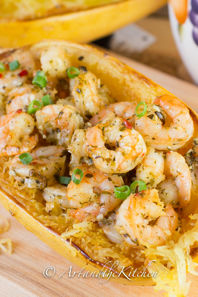 Baked spaghetti squash topped with lemon and garlic shrimp.