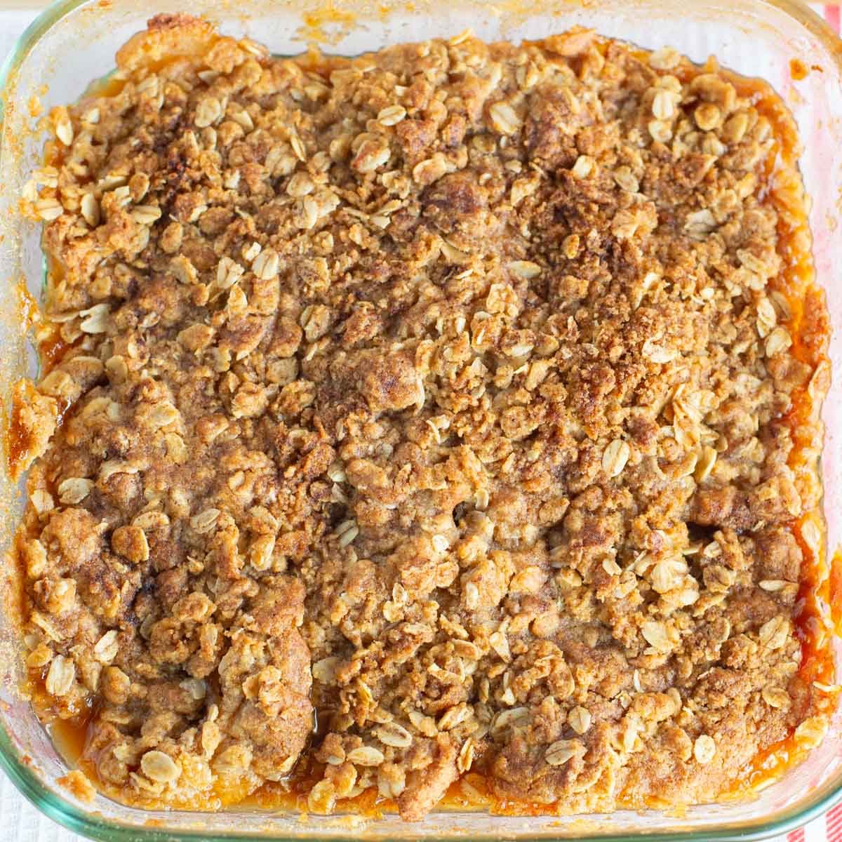 Apple crisp baked in glass baking pan.