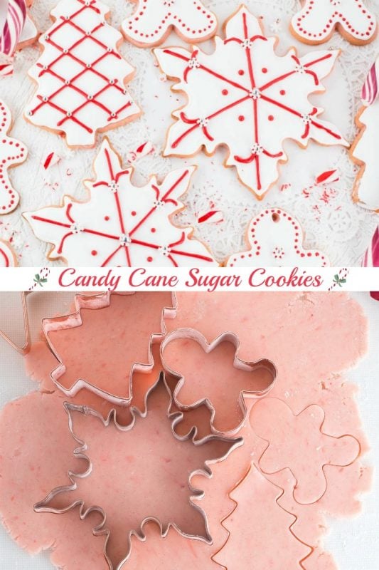 Sugar cookies cut into snowflake and gingerbread men shapes, coated with white royal icing and decorated with red dots and lines and rolled out pink cookie dough with cookie cutters.