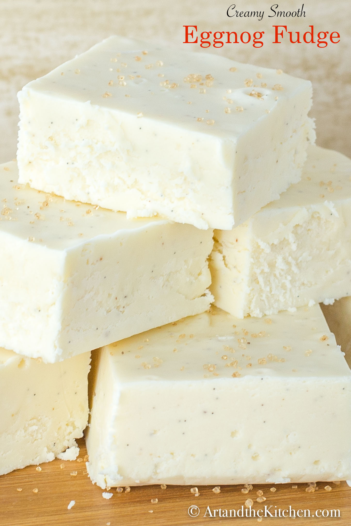 This Eggnog Fudge recipe is so creamy and smooth. An easy to make fudge recipe that is a tasty sweet to add to your Holiday baking. via @artandthekitch