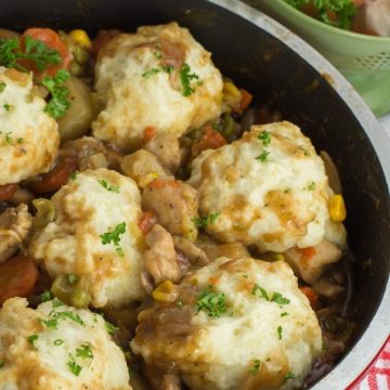Roaster pan filled with chicken stew topped with fluffy dumplings.