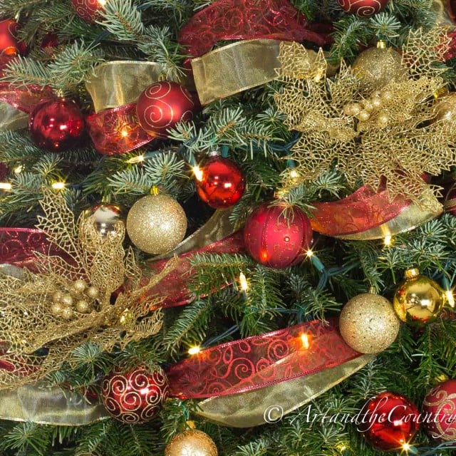 Close up of Christmas tree red and gold decorations