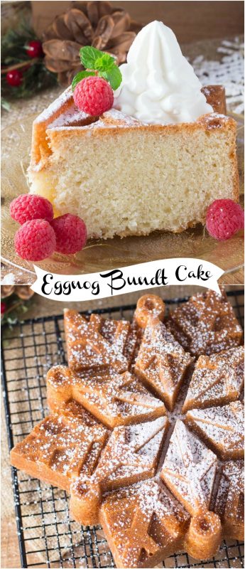 Slice of bundt cake made with eggnog, topped with whipped cream and fresh raspberries and whole snowflake shaped cake.