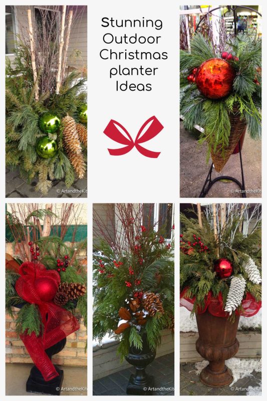 Outdoor Christmas planters with greenery, tree branches and decorations.