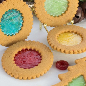 Cut out cookies with melted candy centre that looks like stained glass.