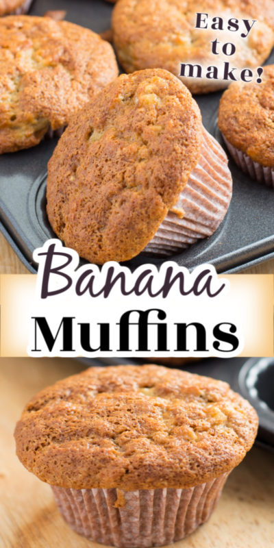 Two photos of banana muffins with crisp, golden brown tops in baking tin.