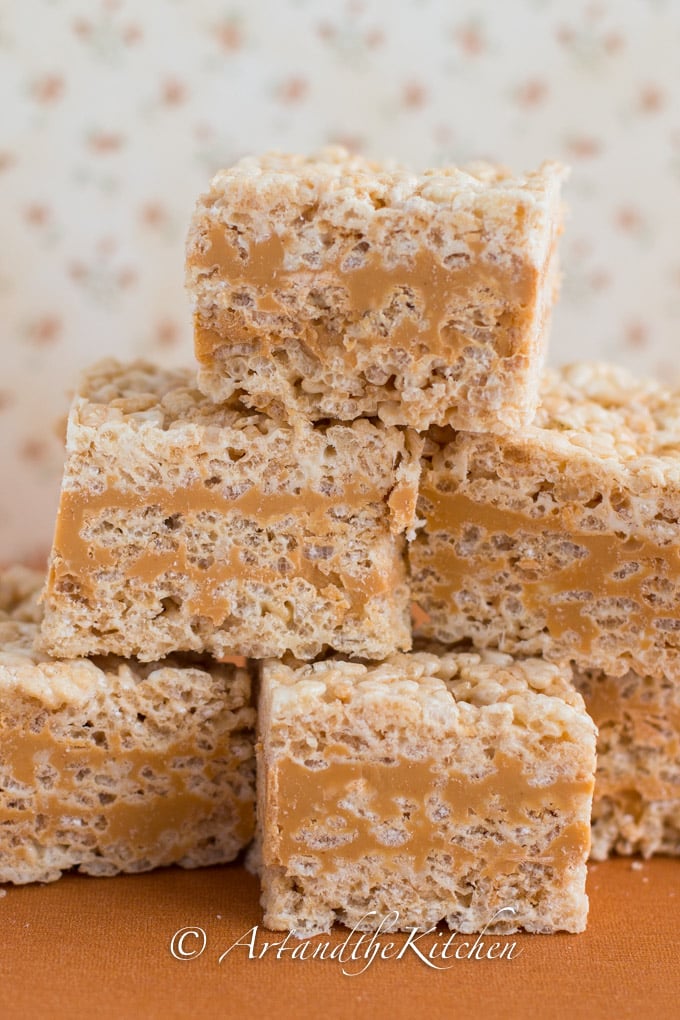 Stack of Rice Krispie treats with butterscotch layers.