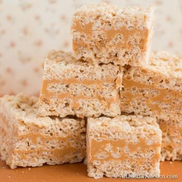 Stack of Rice Krispie treats with butterscotch center.