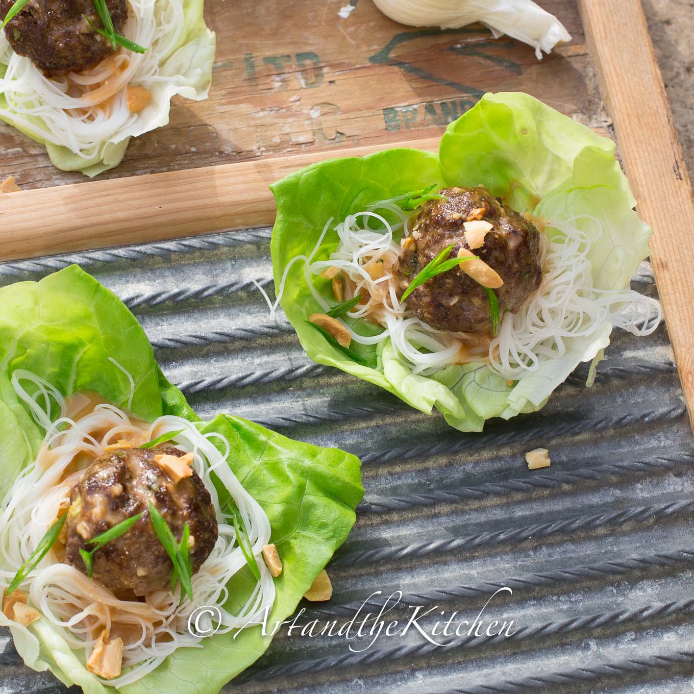 Meatball and Rice Noodle Lettuce Wraps