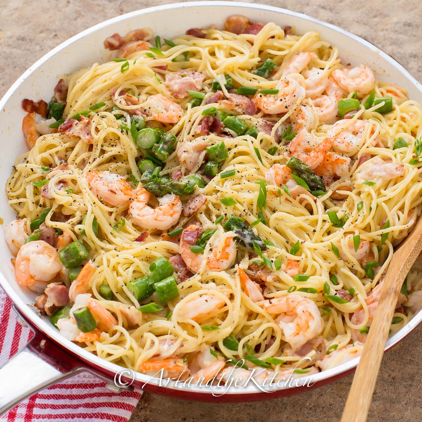 One Pan Shrimp Asparagus Carbonara