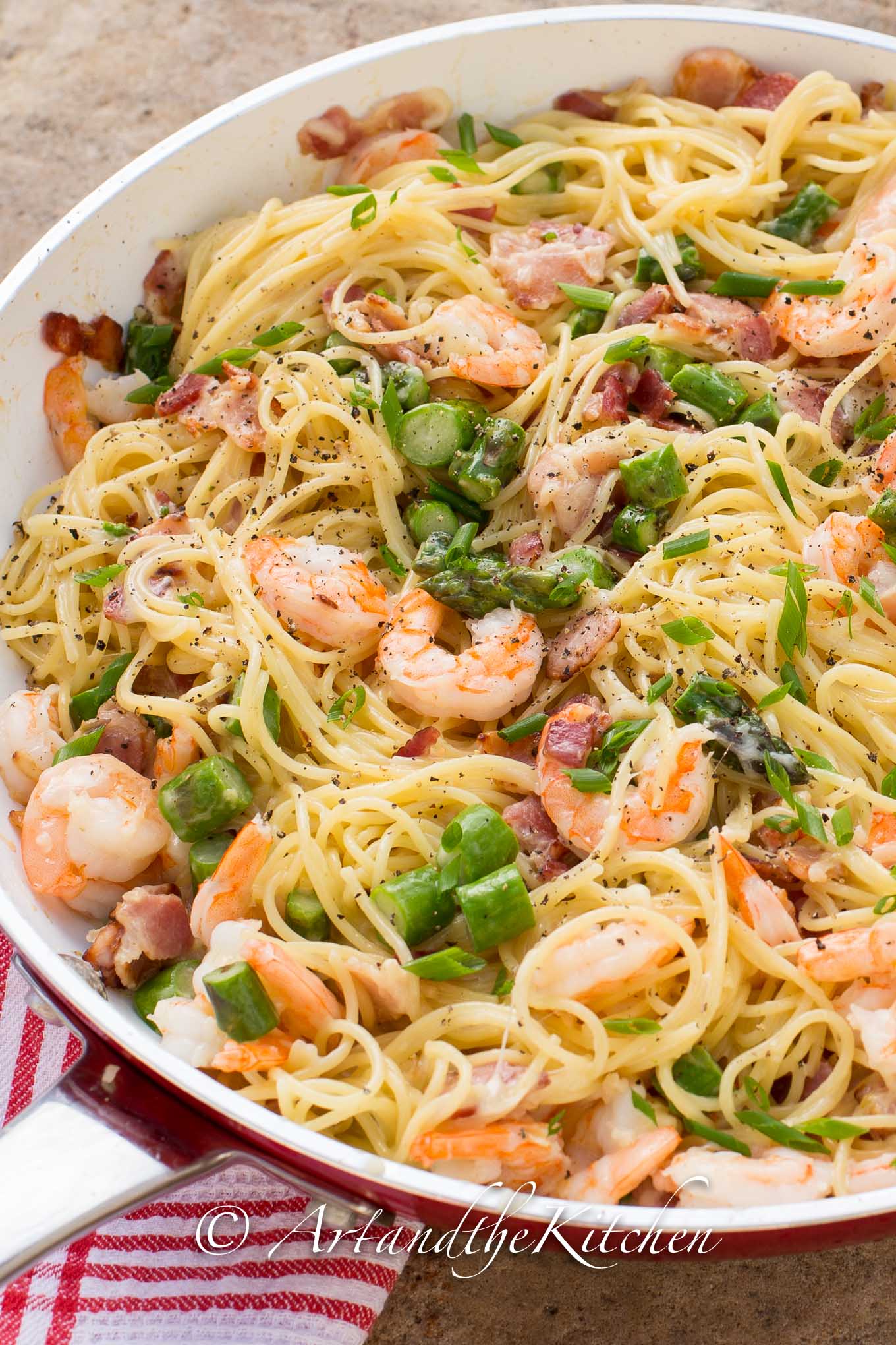 One Pan Shrimp Asparagus Carbonara