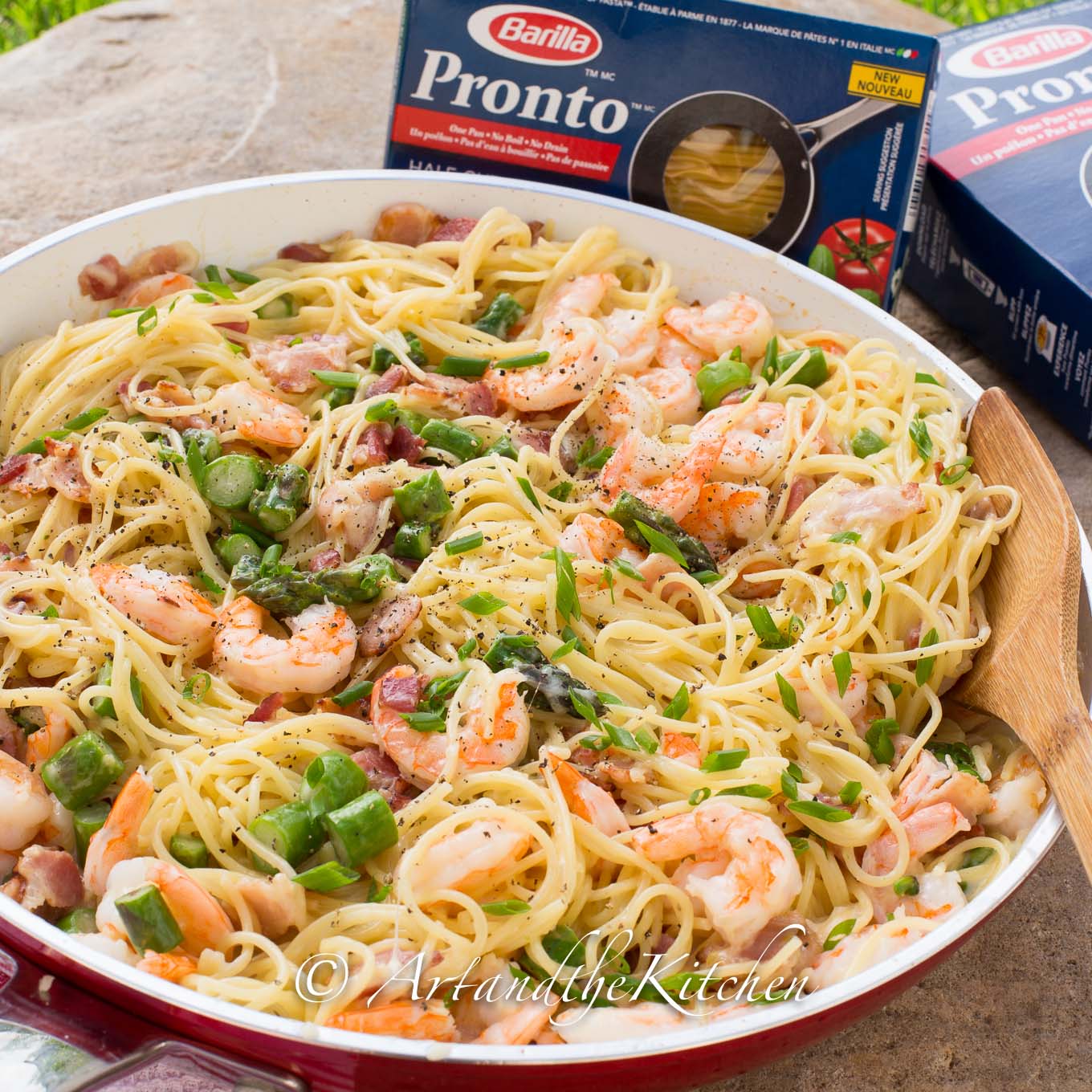 One Pan Shrimp Asparagus Carbonara