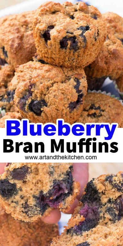 A plate of blueberry bran muffins and one muffin pulled apart to show inside.