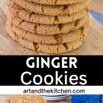 A stack of homemade ginger cookies on a wooden board, with a text overlay reading Ginger Cookies.