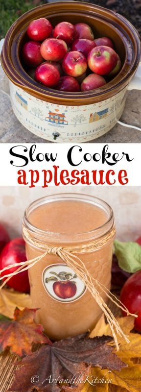 Slow cooker filled with apples and glass jar with apple label on it, filled with applesauce. Jar has straw ribbon tied around it.