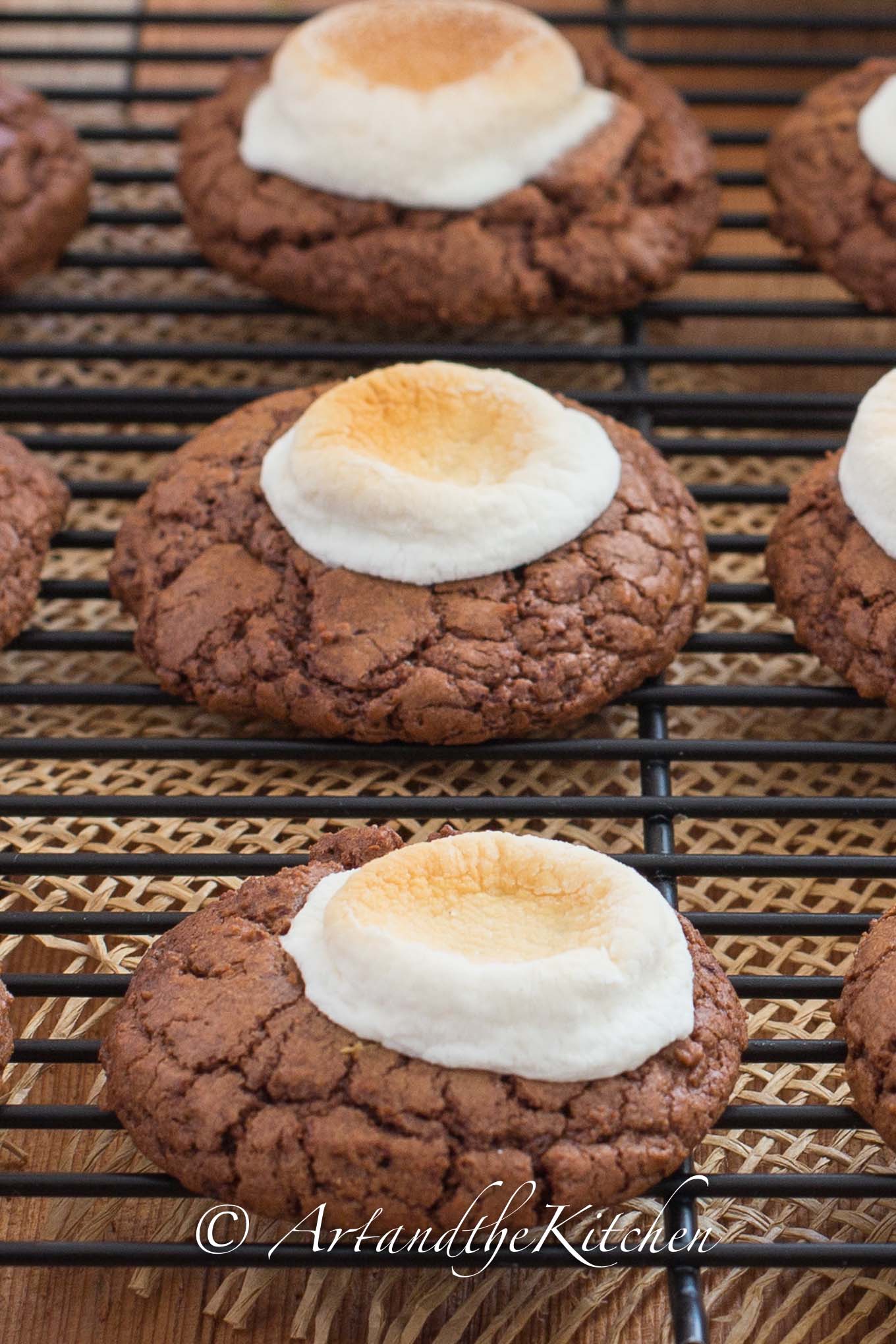 Chocolate cookies with toasted marshmallow on top on black baking rack.