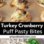 Rows of small, round pastries topped with chopped turkey, melted cheese, celery, green onions, and cranberries on brown parchment paper. Glass bowl of ingredients.