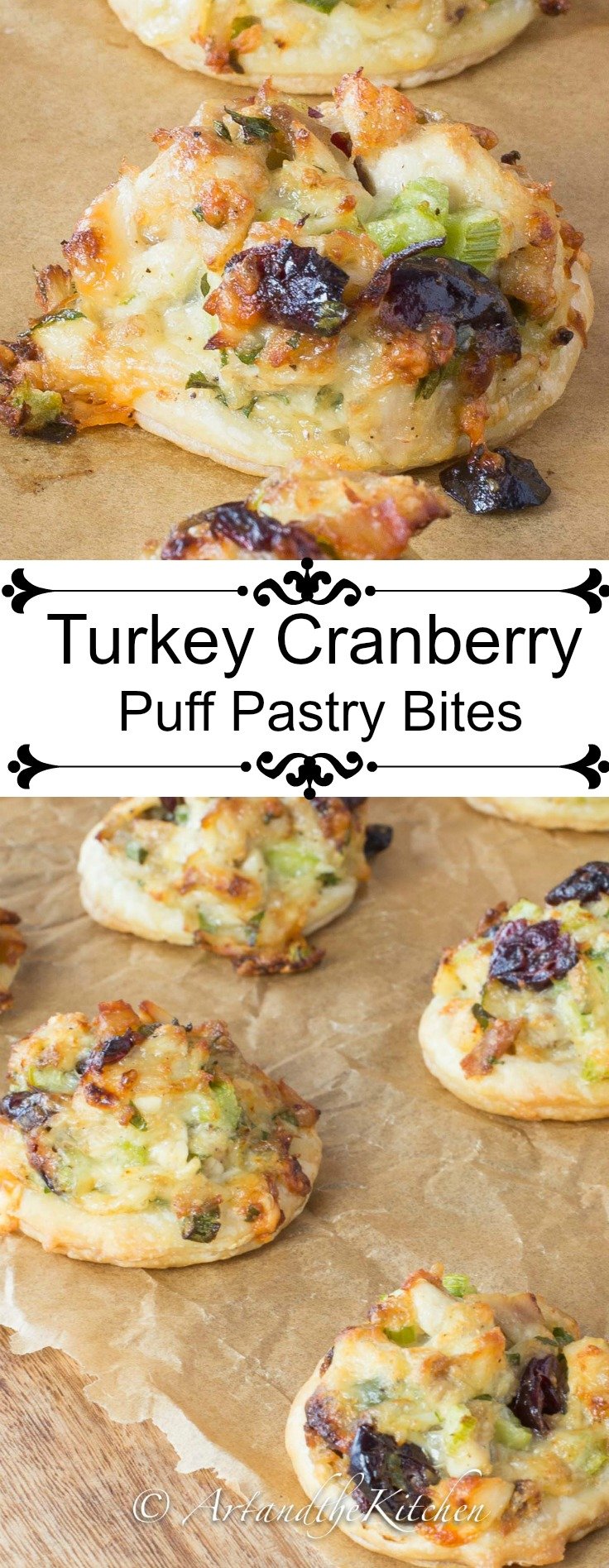 Turkey Cranberry Puff Pastry Bites is a super tasty appetizer that is perfect for using up leftover turkey. Turkey, cranberry and Swiss Cheese. via @artandthekitch