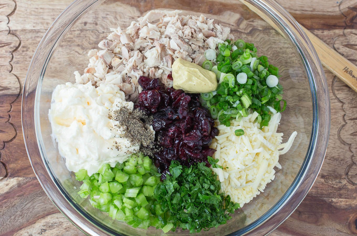 Turkey salad mix with cranberries.