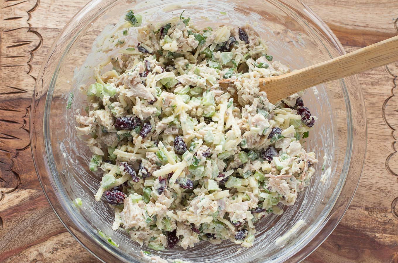 Turkey salad mix with cranberries.