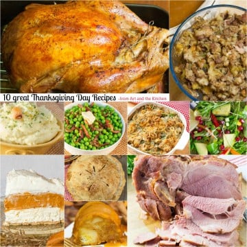 A collection of photos of Thanksgiving dinner food from turkey to dessert.
