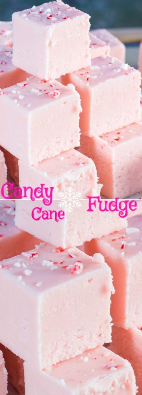 Stack of pink fudge made with candy canes.