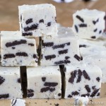 Cubes of fudge made with white chocolate and Oreo cookie pieces.