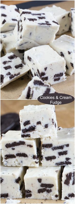 Cubes of fudge made with white chocolate and Oreo cookie pieces.