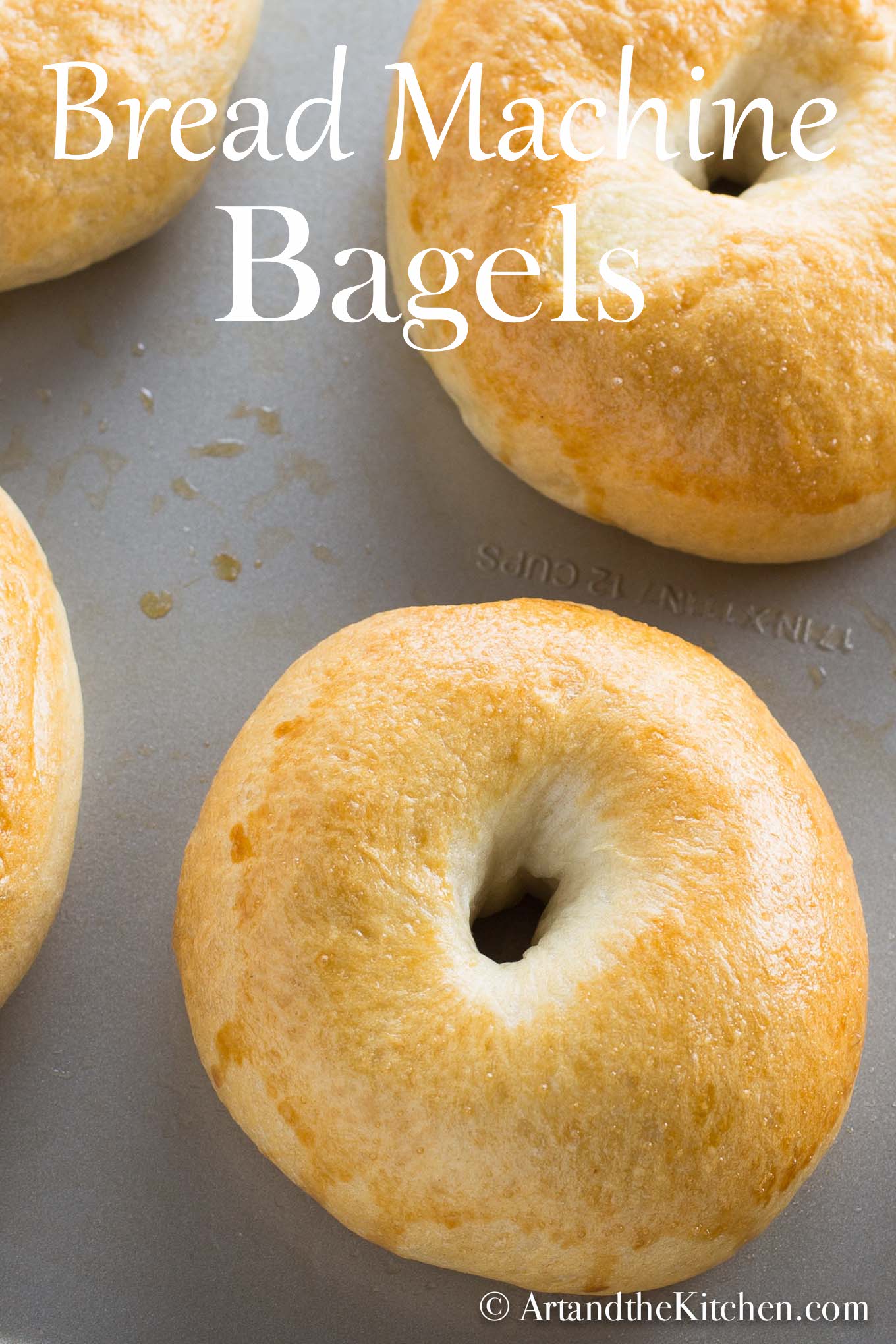 fresh baked, golden brown bagels on baking sheet. Made using a bread machine.