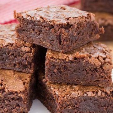 Stack of chocolate brownie squares.