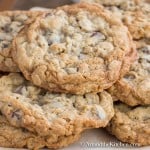 Wooden plate filled with homemade chocolate chip cookies