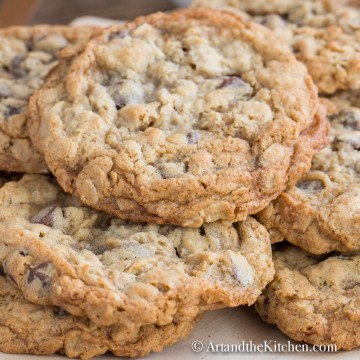 Wooden plate filled with homemade chocolate chip cookies