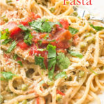 Plate of spaghetti tossed in creamy sauce, topped with salsa and cilantro.