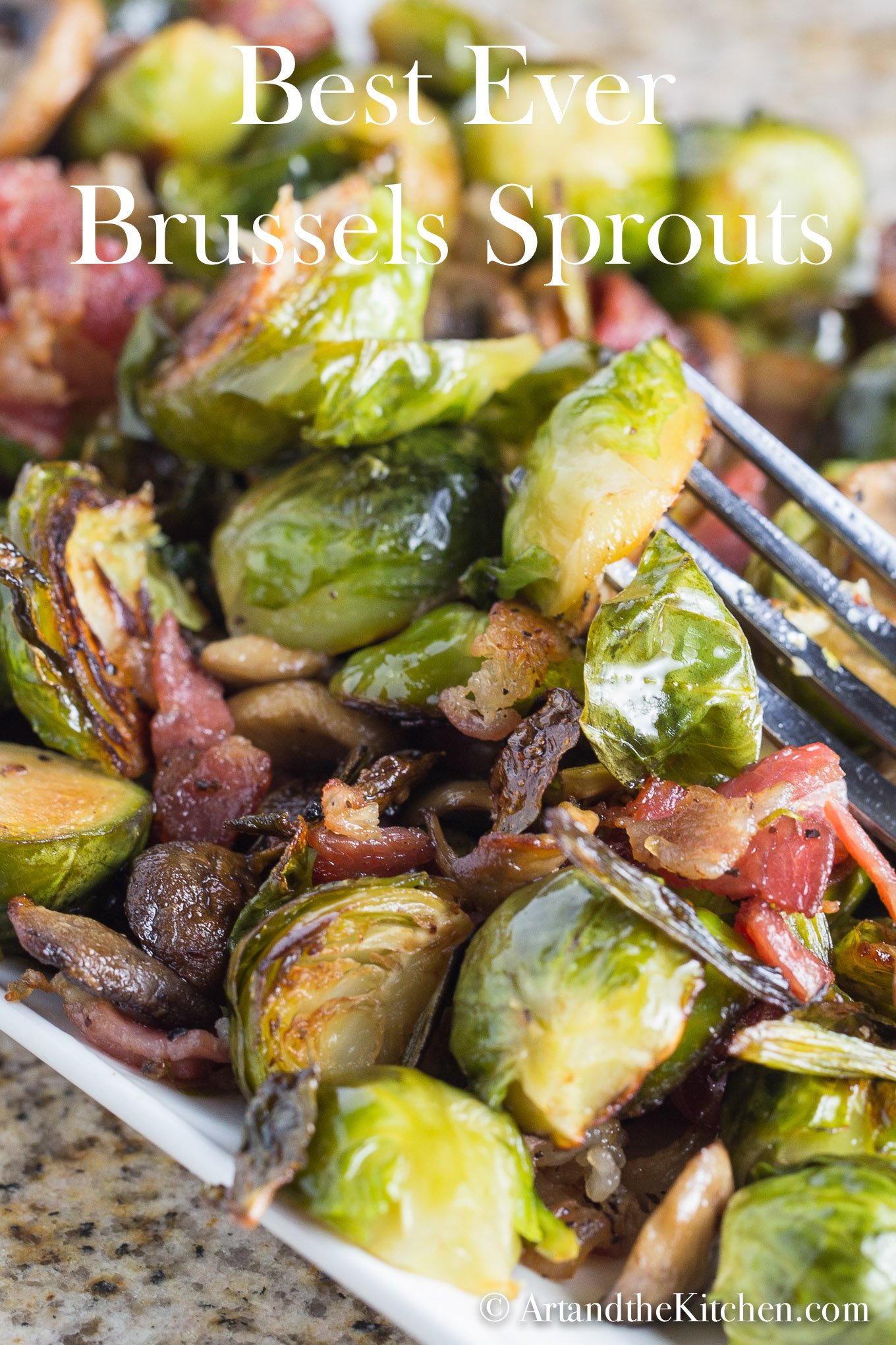 Brussels Sprouts oven roasted to perfection with bacon and mushrooms. via @artandthekitch